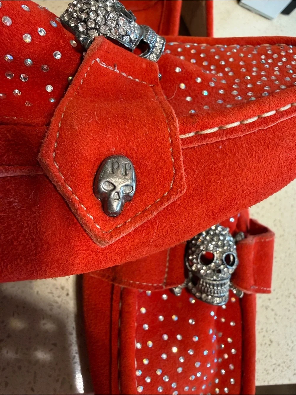 Philipp Plein Orange Suede Crystal Skull Moccassin